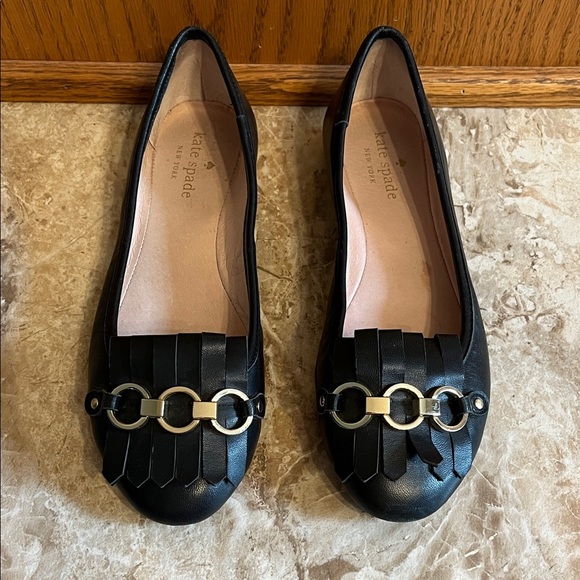 Kate Spade Black Leather Flats with Fringe & Gold Accents - Size 7 - Picture 2 of 12